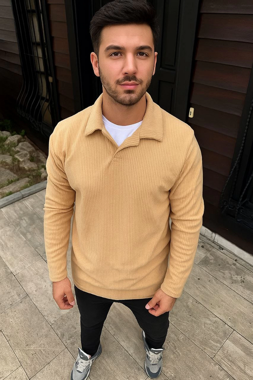 Fitilli Polar Sweatshirt - Düğmesiz Polo Yaka, Oversize Rahat Kalıp, Kalın Polar Kumaş, Kışlık ve Baharlık Şık Günlük Üst - Bej