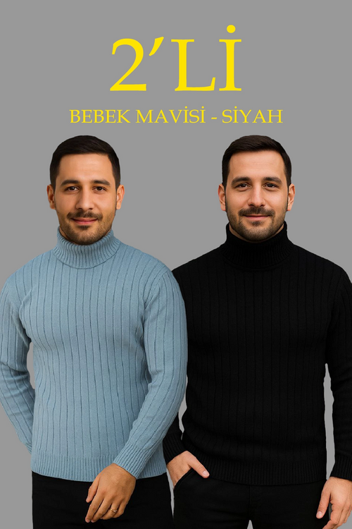 Fitilli Triko Kazak 2'li Set Bebek Mavisi Siyah Regular Balıkcı Yaka Tam Boğazlı Triko Seti Modeli Kazak