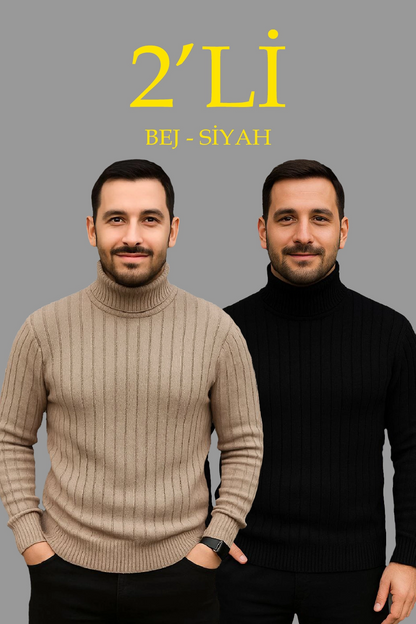 Fitilli Triko Kazak 2'li Set Bej Siyah