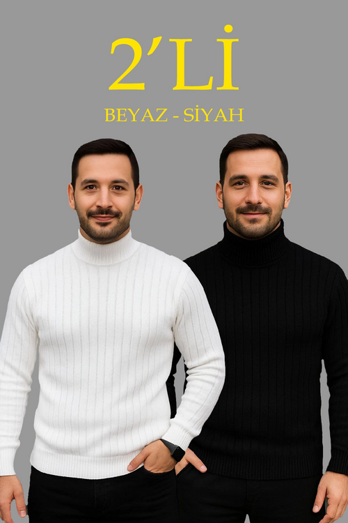 Fitilli Triko Kazak 2'li Set Beyaz Siyah Regular Balıkcı Yaka Tam Boğazlı Triko Seti Modeli Kazak