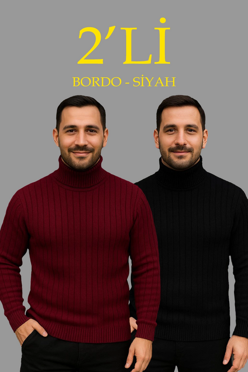 Fitilli Triko Kazak 2'li Set Bordo Siyah Regular Balıkcı Yaka Tam Boğazlı Triko Seti Modeli Kazak
