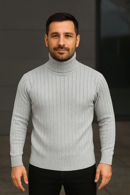 Fitilli Triko Kazak 2'li Set Gri Siyah Regular Balıkcı Yaka Tam Boğazlı Triko Seti Modeli Kazak