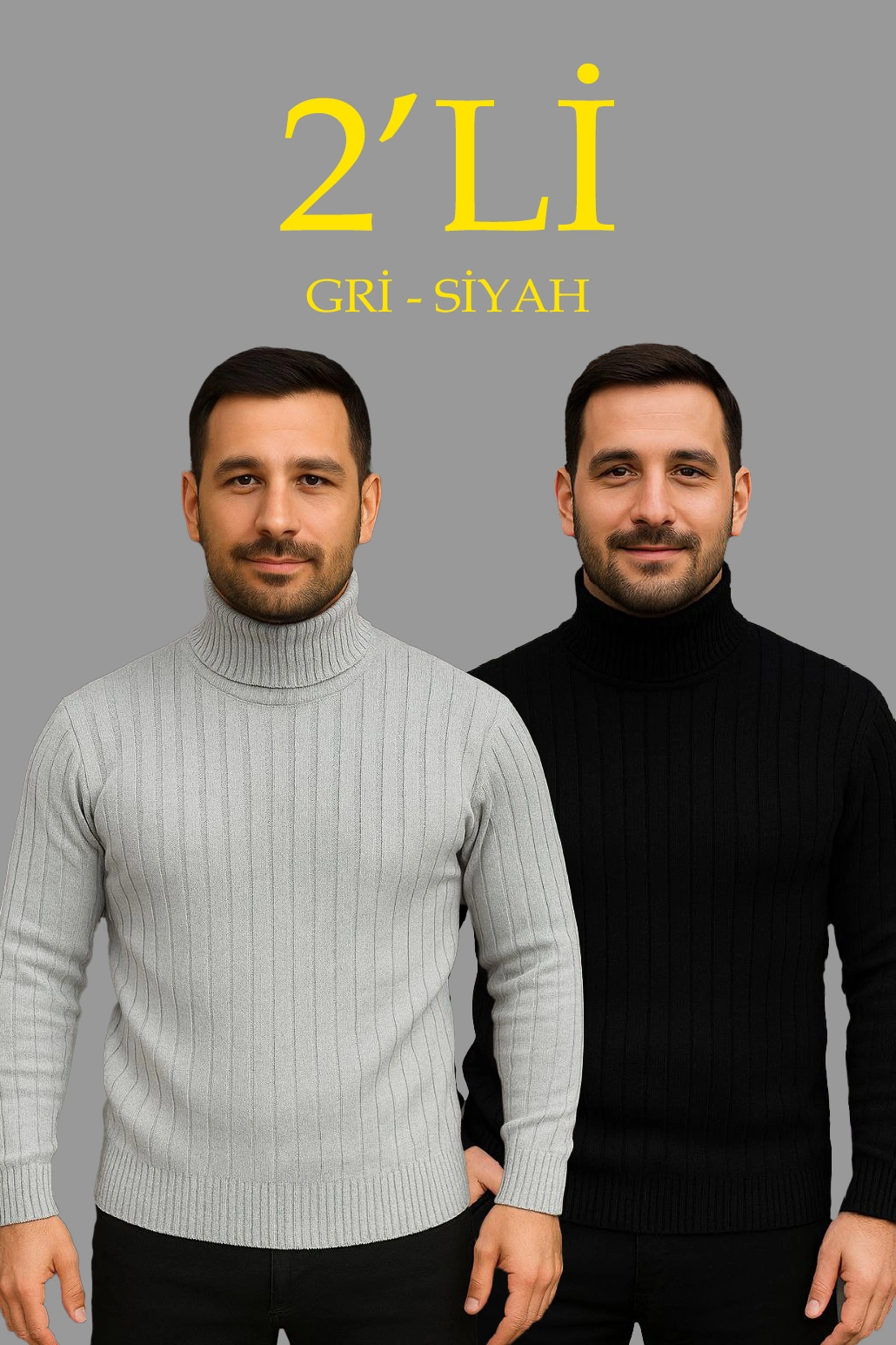 Fitilli Triko Kazak 2'li Set Gri Siyah Regular Balıkcı Yaka Tam Boğazlı Triko Seti Modeli Kazak