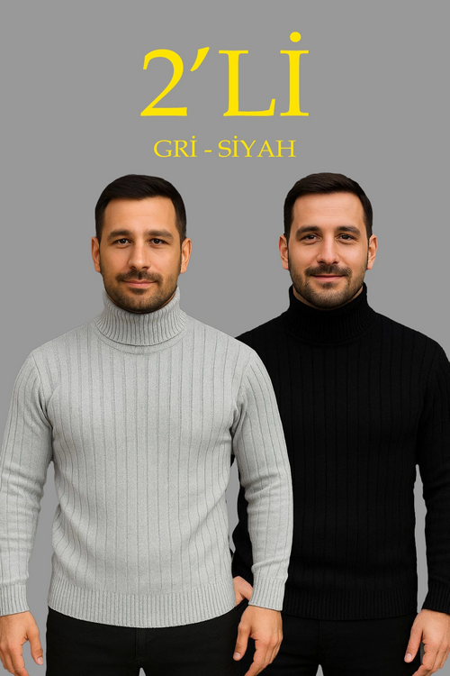 Fitilli Triko Kazak 2'li Set Gri Siyah Regular Balıkcı Yaka Tam Boğazlı Triko Seti Modeli Kazak