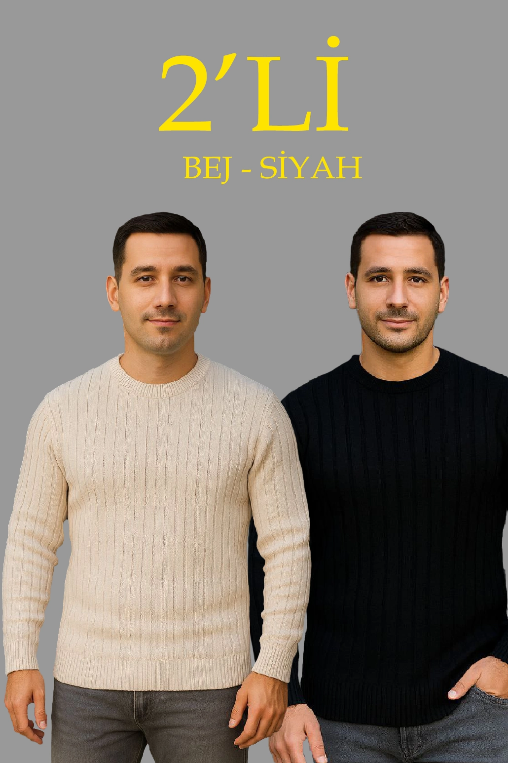 Fitilli Triko Kazak 2 li Set - Bej  Beyaz, Kalın Dokuma Pamuklu Regular Fit Bisiklet Yaka Uzun Kollu Rahat Kışlık Kazak Kombini