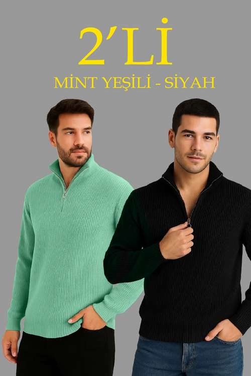 Fitilli Triko Kazak 2’li Set – Mint Yeşili  Siyah, Kalın Dokuma Pamuklu Regular Fit V Yaka Fermuarlı Uzun Kollu Rahat Kışlık Kazak Kombini