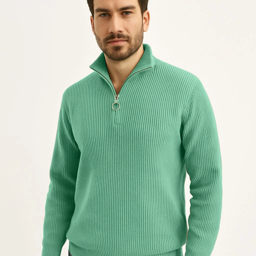 Fitilli Triko Kazak 2’li Set – Mint Yeşili  Siyah, Kalın Dokuma Pamuklu Regular Fit V Yaka Fermuarlı Uzun Kollu Rahat Kışlık Kazak Kombini