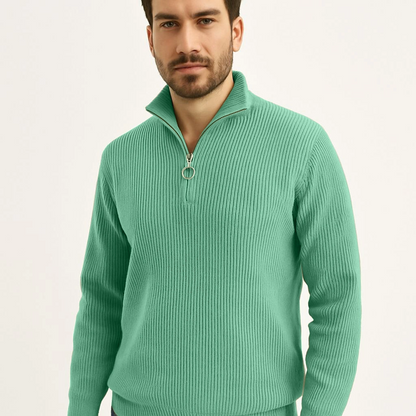 Fitilli Triko Kazak 2’li Set – Mint Yeşili  Siyah, Kalın Dokuma Pamuklu Regular Fit V Yaka Fermuarlı Uzun Kollu Rahat Kışlık Kazak Kombini