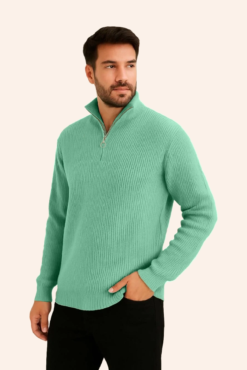 Fitilli Triko Kazak 2’li Set – Mint Yeşili  Siyah, Kalın Dokuma Pamuklu Regular Fit V Yaka Fermuarlı Uzun Kollu Rahat Kışlık Kazak Kombini