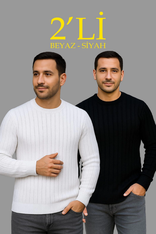 Fitilli Triko Kazak 2 li Set - Siyah  Beyaz, Kalın Dokuma Pamuklu Regular Fit Bisiklet Yaka Uzun Kollu Rahat Kışlık Kazak Kombini