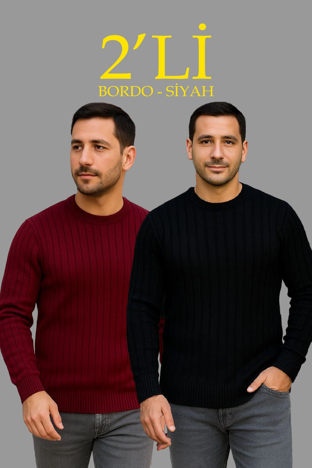 Fitilli Triko Kazak 2 li Set - Siyah  Bordo, Kalın Dokuma Pamuklu Regular Fit Bisiklet Yaka Uzun Kollu Rahat Kışlık Kazak Kombini