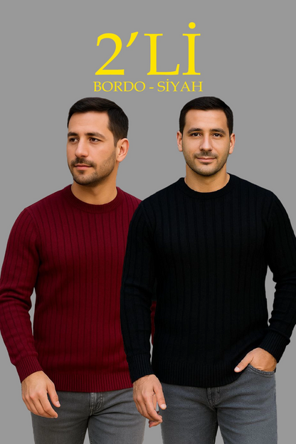Fitilli Triko Kazak 2 li Set - Siyah  Bordo, Kalın Dokuma Pamuklu Regular Fit Bisiklet Yaka Uzun Kollu Rahat Kışlık Kazak Kombini
