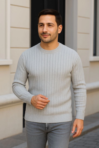 Fitilli Triko Kazak 2 li Set - Siyah  Gri, Kalın Dokuma Pamuklu Regular Fit Bisiklet Yaka Uzun Kollu Rahat Kışlık Kazak Kombini