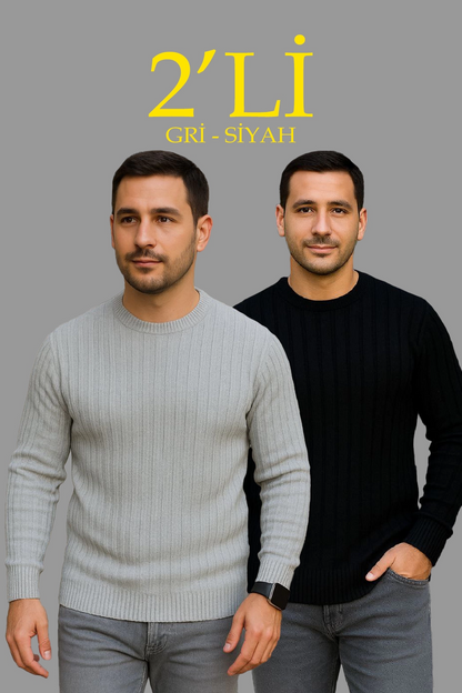 Fitilli Triko Kazak 2 li Set - Siyah  Gri, Kalın Dokuma Pamuklu Regular Fit Bisiklet Yaka Uzun Kollu Rahat Kışlık Kazak Kombini