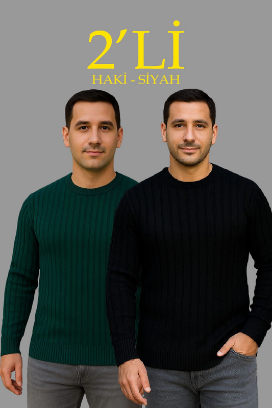 Fitilli Triko Kazak 2 li Set - Siyah  Haki, Kalın Dokuma Pamuklu Regular Fit Bisiklet Yaka Uzun Kollu Rahat Kışlık Kazak Kombini