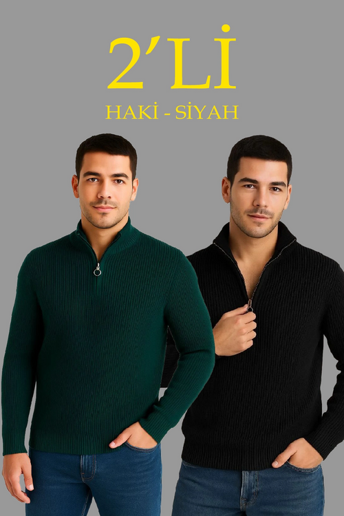 Fitilli Triko Kazak 2’li Set – Siyah  Haki Kalın Dokuma Pamuklu Regular Fit V Yaka Fermuarlı Uzun Kollu Rahat Kışlık Kazak Kombini