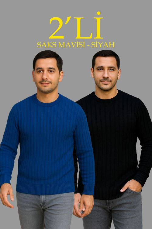 Fitilli Triko Kazak 2’li Set – Siyah  Saks Mavisi, Kalın Dokuma Pamuklu Regular Fit Bisiklet Yaka Uzun Kollu Rahat Kışlık Kazak Kombini