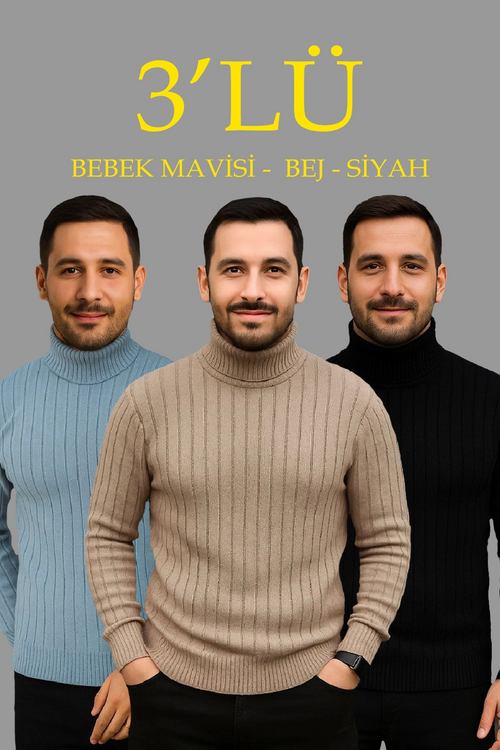 Fitilli Triko Kazak 3'lÜ Set Bebek Mavisi Bej Siyah Regular Balıkcı Yaka Tam Boğazlı Triko Seti Modeli Kazak