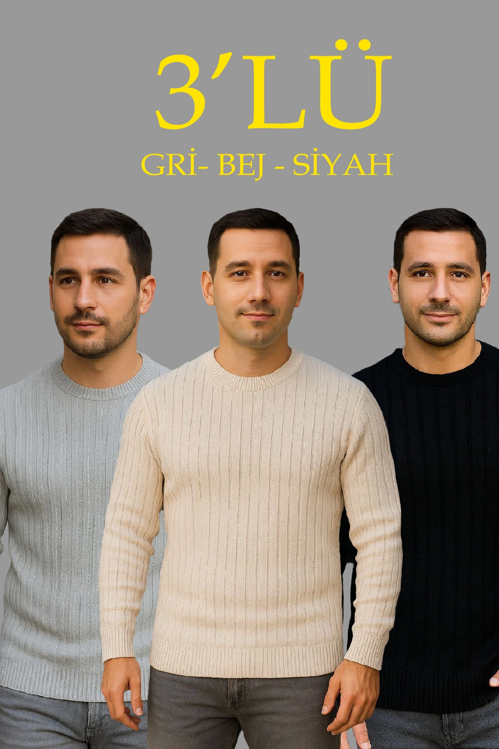 Fitilli Triko Kazak 3'lü Set Bej Gri Siyah Regular Fit Bisiklet Yaka Triko Seti Kazak Modeli