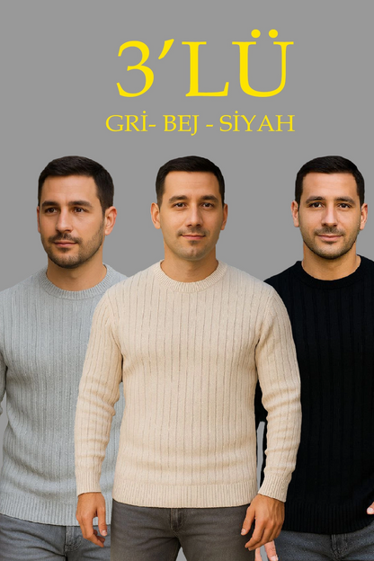 Fitilli Triko Kazak 3'lü Set Bej Gri Siyah Regular Fit Bisiklet Yaka Triko Seti Kazak Modeli