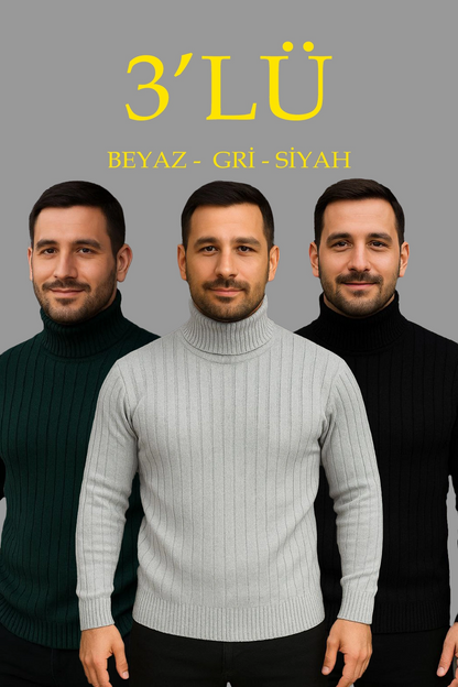 Fitilli Triko Kazak 3'lÜ Set Gri Haki Siyah