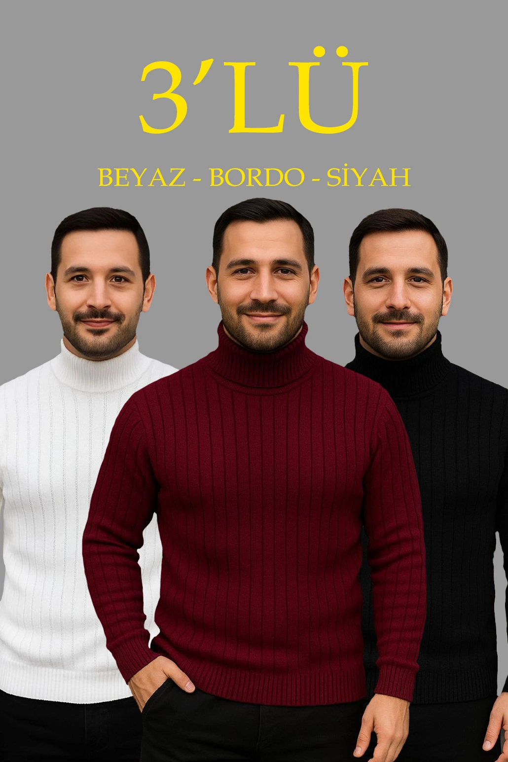 Fitilli Triko Kazak 3'lÜ Set Beyaz Bordo Siyah Regular Balıkcı Yaka Tam Boğazlı Triko Seti Modeli Kazak
