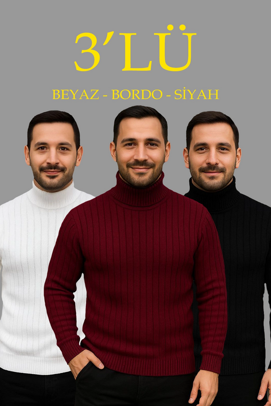 Fitilli Triko Kazak 3'lÜ Set Beyaz Bordo Siyah Regular Balıkcı Yaka Tam Boğazlı Triko Seti Modeli Kazak