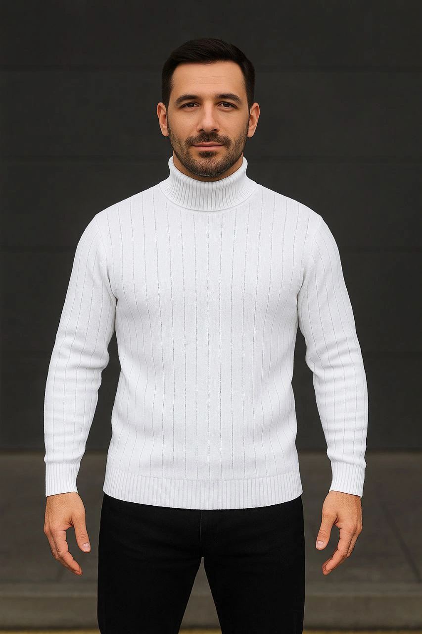 Fitilli Triko Kazak 3'lÜ Set Beyaz Bordo Siyah Regular Balıkcı Yaka Tam Boğazlı Triko Seti Modeli Kazak
