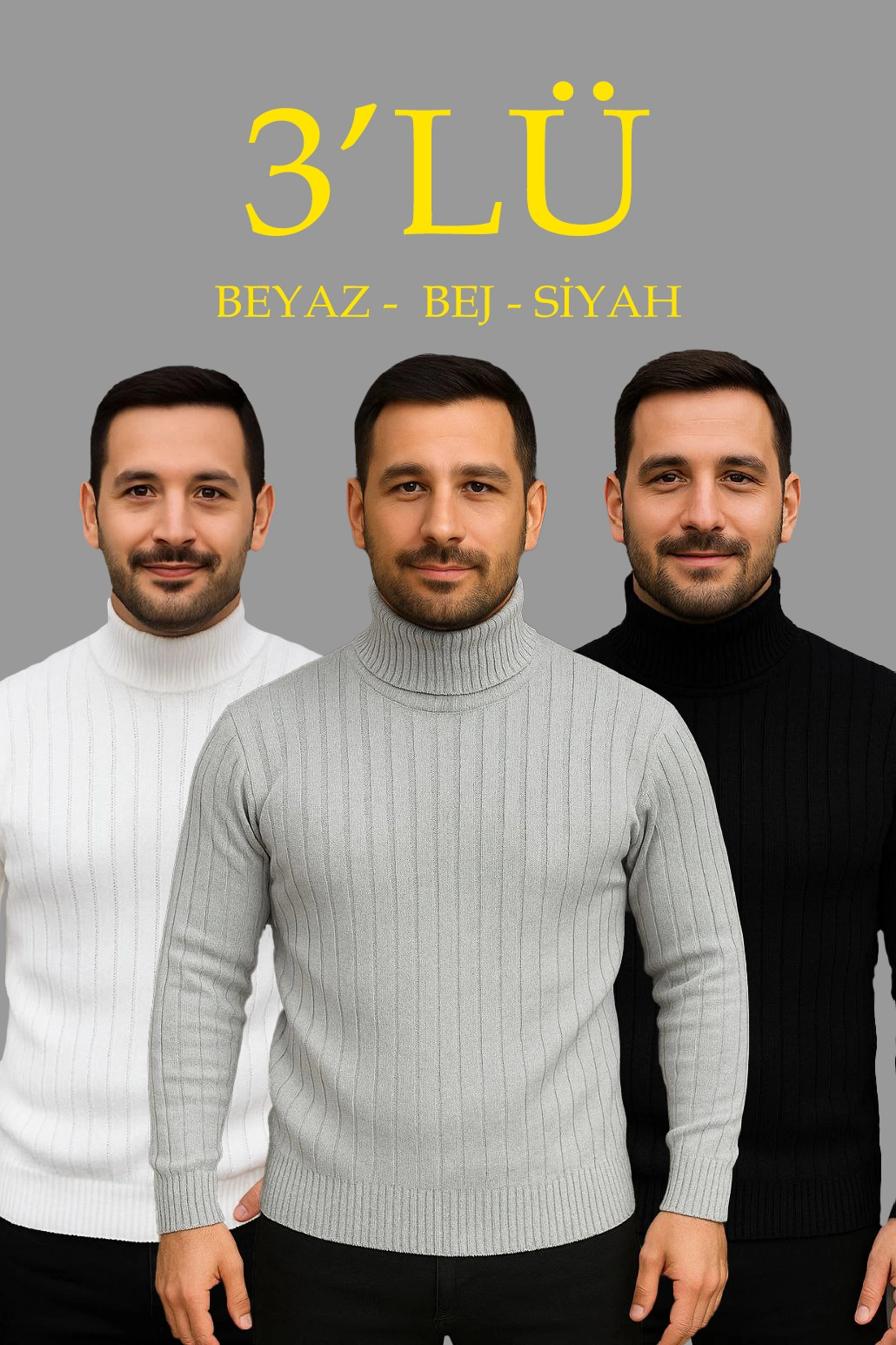 Fitilli Triko Kazak 3'lÜ Set Beyaz Gri Siyah