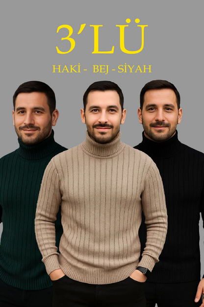 Fitilli Triko Kazak 3'lÜ Set Bej Haki Siyah Regular Balıkcı Yaka Tam Boğazlı Triko Seti Modeli Kazak