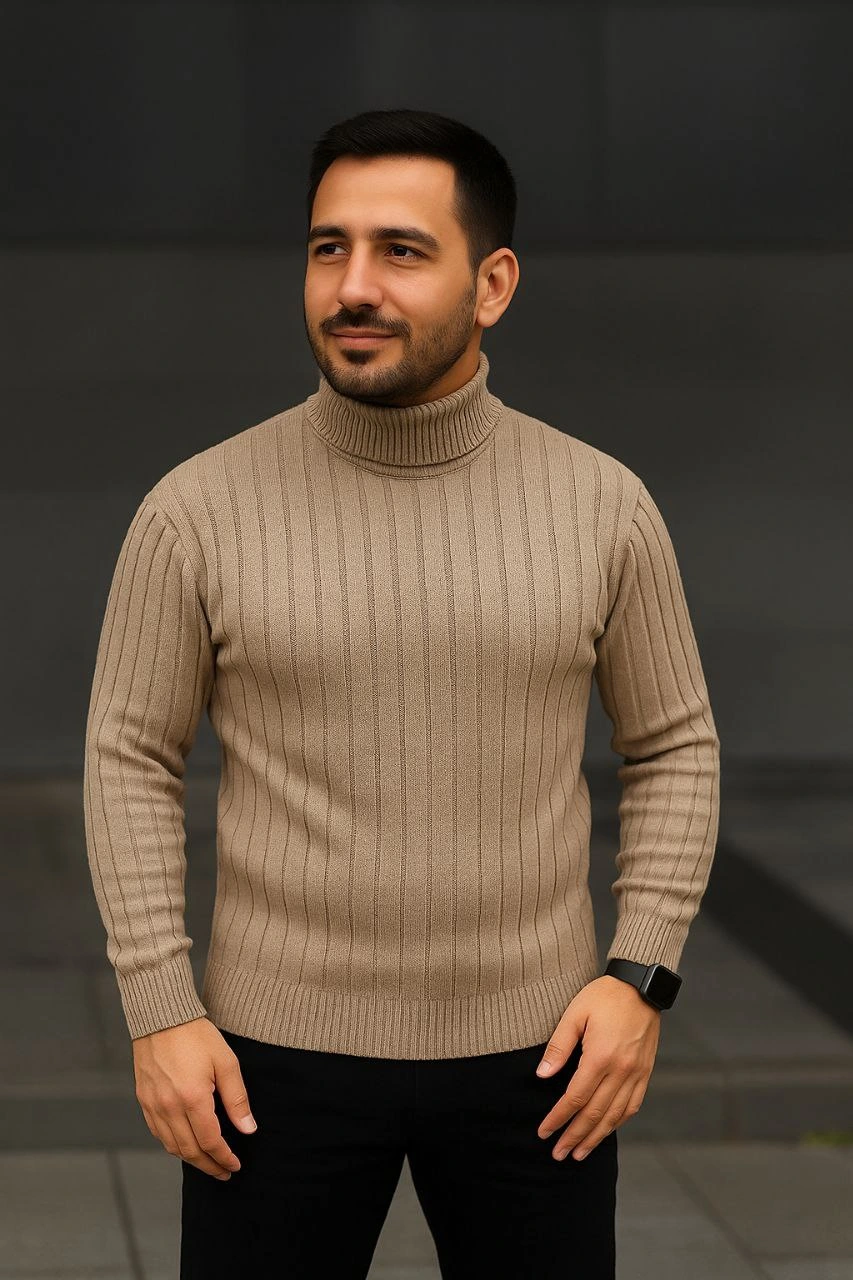 Fitilli Triko Kazak 3'lÜ Set Bej Haki Siyah Regular Balıkcı Yaka Tam Boğazlı Triko Seti Modeli Kazak