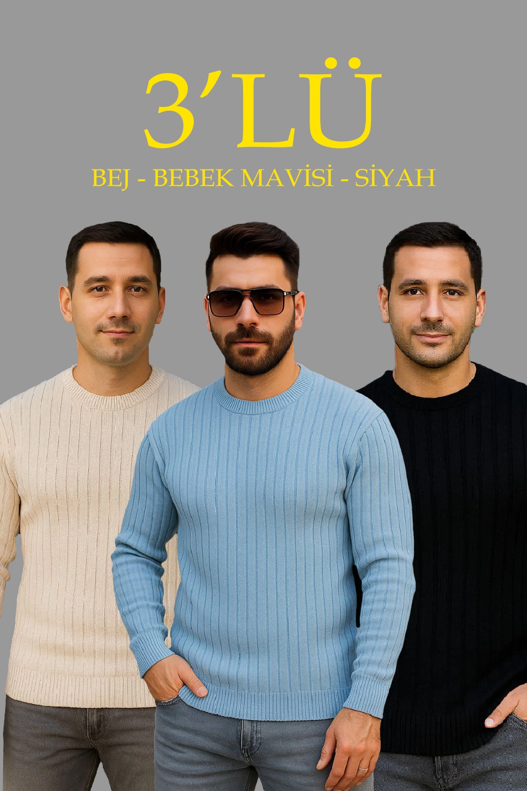 Fitilli Triko Kazak 3 lü Set - Bej, Bebek Mavisi, Siyah | Kalın Dokuma Pamuklu Regular Fit Bisiklet Yaka Uzun Kollu Kışlık ve Baharlık Rahat Triko Kombini