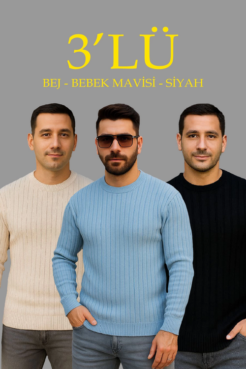 Fitilli Triko Kazak 3 lü Set - Bej, Bebek Mavisi, Siyah | Kalın Dokuma Pamuklu Regular Fit Bisiklet Yaka Uzun Kollu Kışlık ve Baharlık Rahat Triko Kombini