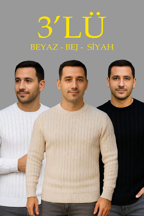 Fitilli Triko Kazak 3 lü Set - Bej, Beyaz, Siyah | Kalın Dokuma Pamuklu Regular Fit Bisiklet Yaka Uzun Kollu Kışlık ve Baharlık Rahat Triko Kombini