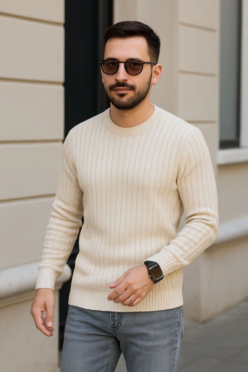 Fitilli Triko Kazak 3 lü Set - Bej, Beyaz, Siyah | Kalın Dokuma Pamuklu Regular Fit Bisiklet Yaka Uzun Kollu Kışlık ve Baharlık Rahat Triko Kombini
