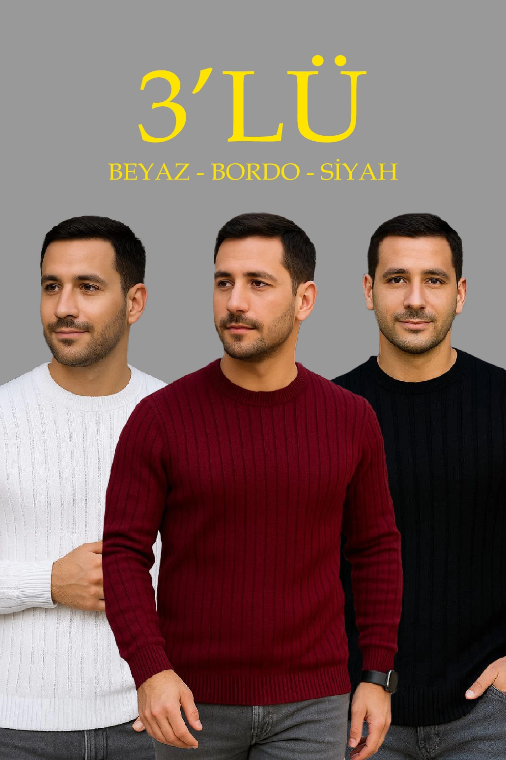Fitilli Triko Kazak 3 lü Set - Beyaz, Bordo, Siyah | Kalın Dokuma Pamuklu Regular Fit Bisiklet Yaka Uzun Kollu Kışlık ve Baharlık Rahat Triko Kombini