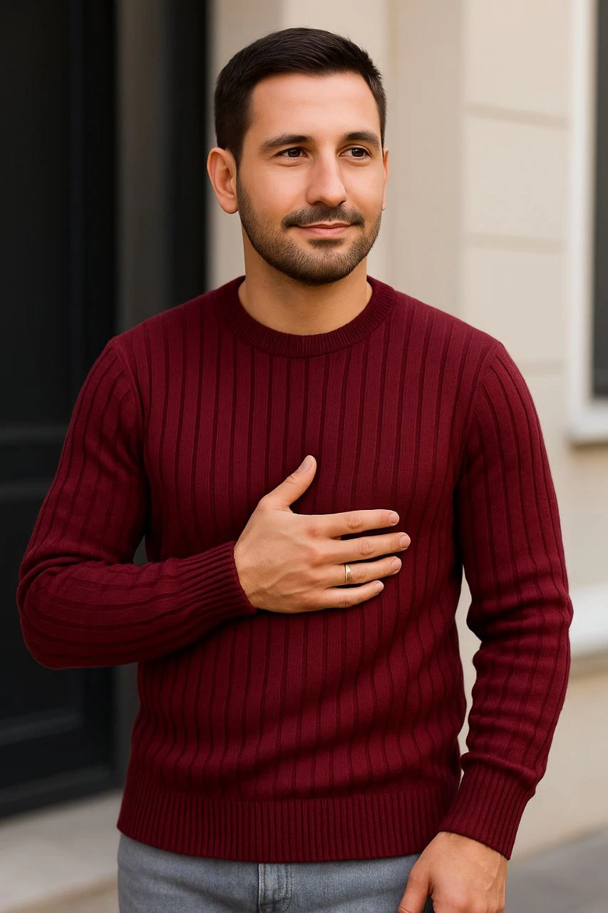 Fitilli Triko Kazak 3 lü Set - Beyaz, Bordo, Siyah | Kalın Dokuma Pamuklu Regular Fit Bisiklet Yaka Uzun Kollu Kışlık ve Baharlık Rahat Triko Kombini
