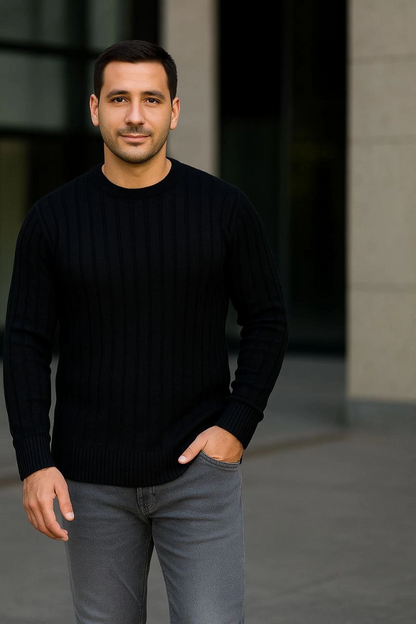 Fitilli Triko Kazak 3'lü Set Bej Gri Siyah Regular Fit Bisiklet Yaka Triko Seti Kazak Modeli