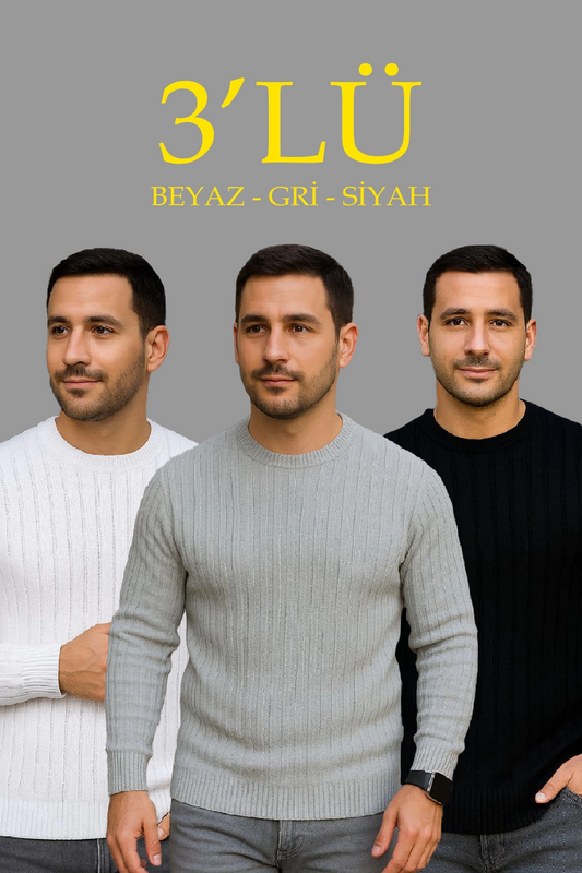 Fitilli Triko Kazak 3 lü Set - Beyaz, Gri, Siyah | Kalın Dokuma Pamuklu Regular Fit Bisiklet Yaka Uzun Kollu Kışlık ve Baharlık Rahat Triko Kombini