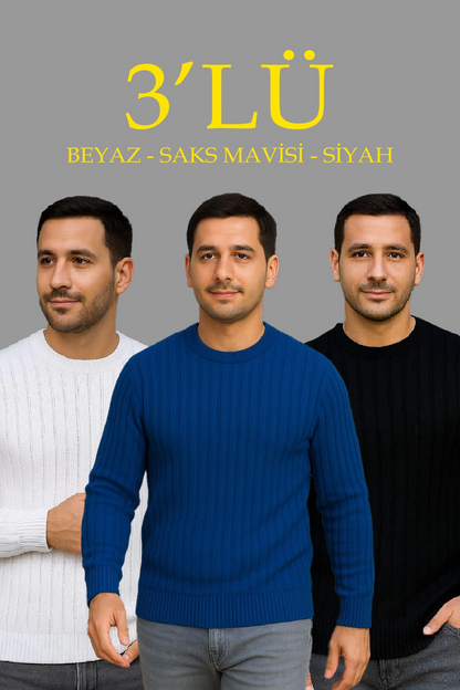 Fitilli Triko Kazak 3’lü Set – Beyaz, Saks Mavisi, Siyah | Kalın Dokuma Pamuklu Regular Fit Bisiklet Yaka Uzun Kollu Kışlık ve Baharlık Rahat Triko Kombini