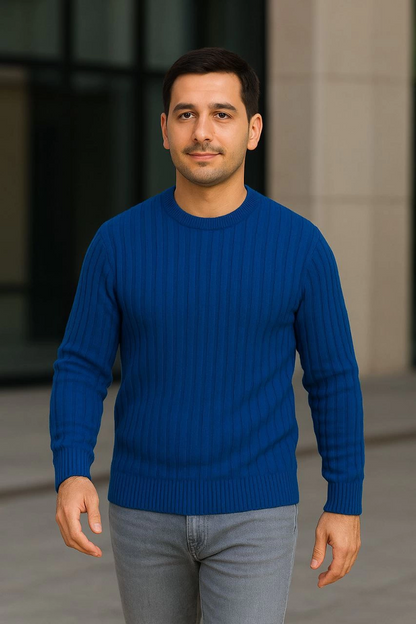 Fitilli Triko Kazak 3’lü Set – Beyaz, Saks Mavisi, Siyah | Kalın Dokuma Pamuklu Regular Fit Bisiklet Yaka Uzun Kollu Kışlık ve Baharlık Rahat Triko Kombini