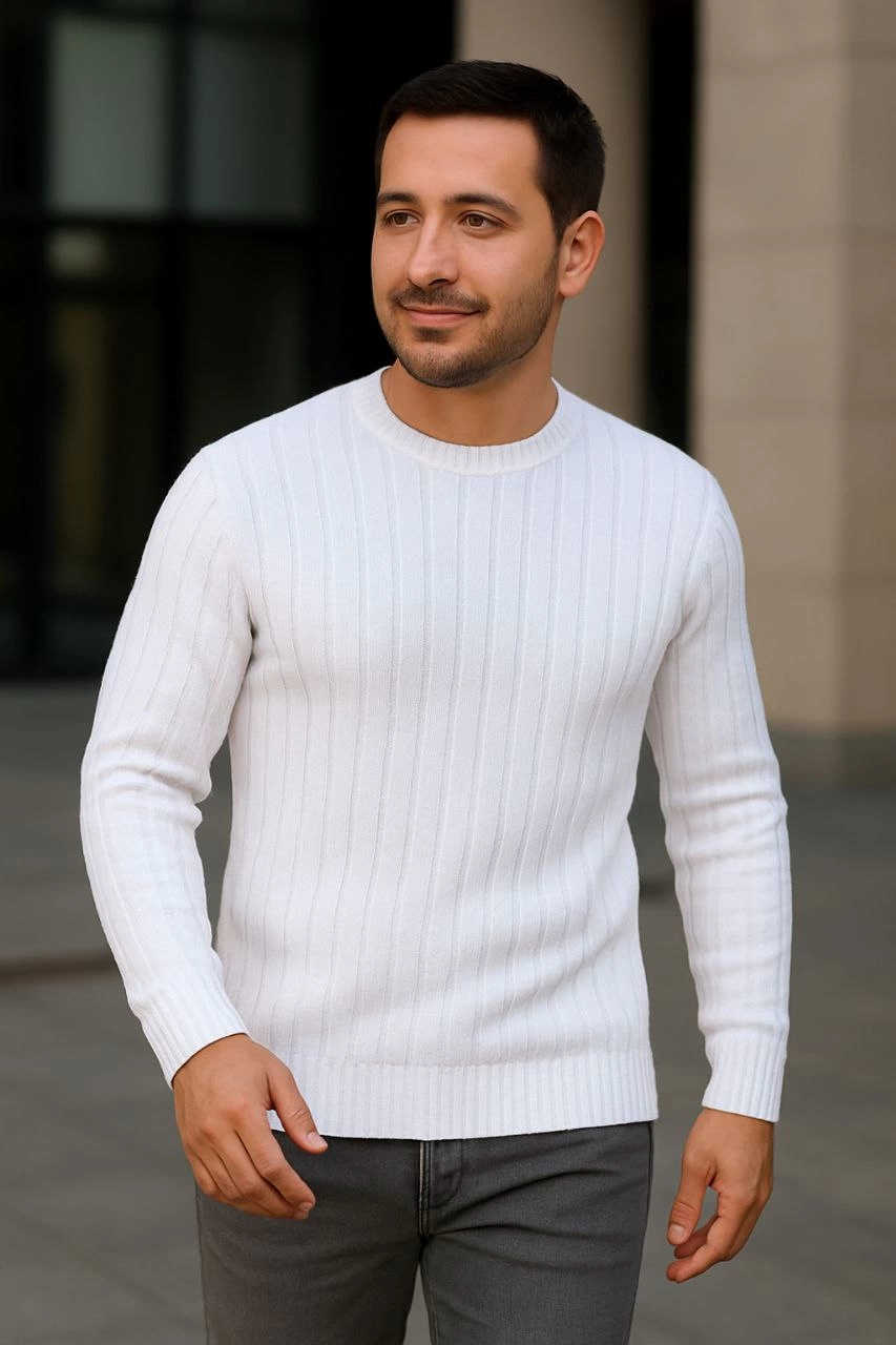 Fitilli Triko Kazak 3’lü Set – Beyaz, Saks Mavisi, Siyah | Kalın Dokuma Pamuklu Regular Fit Bisiklet Yaka Uzun Kollu Kışlık ve Baharlık Rahat Triko Kombini