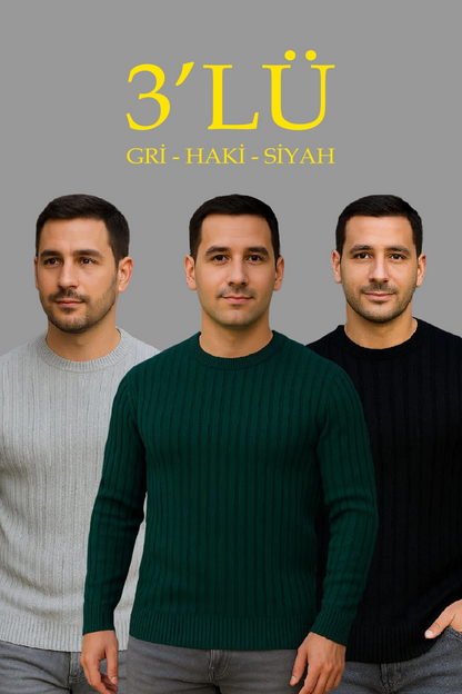 Fitilli Triko Kazak 3 lü Set - Gri, Haki, Siyah | Kalın Dokuma Pamuklu Regular Fit Bisiklet Yaka Uzun Kollu Kışlık ve Baharlık Rahat Triko Kombini