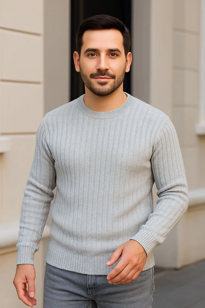 Fitilli Triko Kazak 3 lü Set - Gri, Haki, Siyah | Kalın Dokuma Pamuklu Regular Fit Bisiklet Yaka Uzun Kollu Kışlık ve Baharlık Rahat Triko Kombini