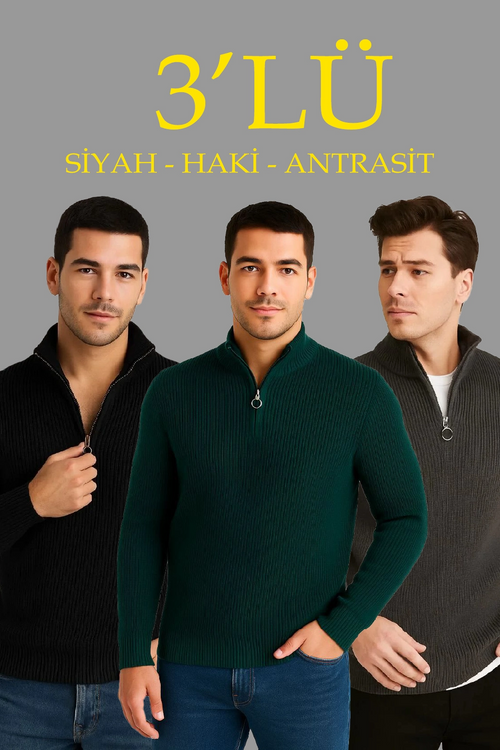Fitilli Triko Kazak 3’lü Set – Haki, Siyah, Antrasit Kalın Dokuma Pamuklu Regular Fit V Yaka Fermuarlı Uzun Kollu Rahat Kışlık Kazak Kombini