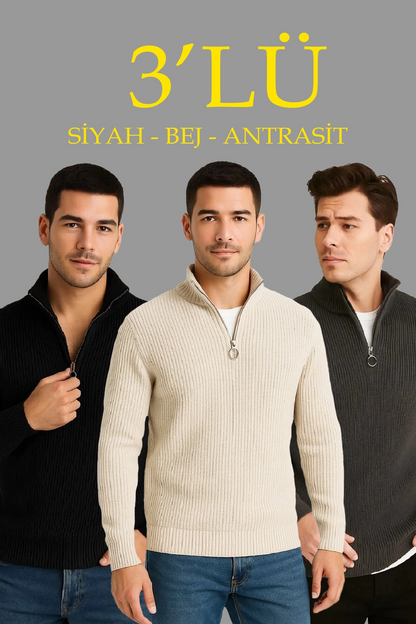 Fitilli Triko Kazak 3’lü Set – Antrasit, Siyah, Bej Kalın Dokuma Pamuklu Regular Fit V Yaka Fermuarlı Uzun Kollu Rahat Kışlık Kazak Kombini