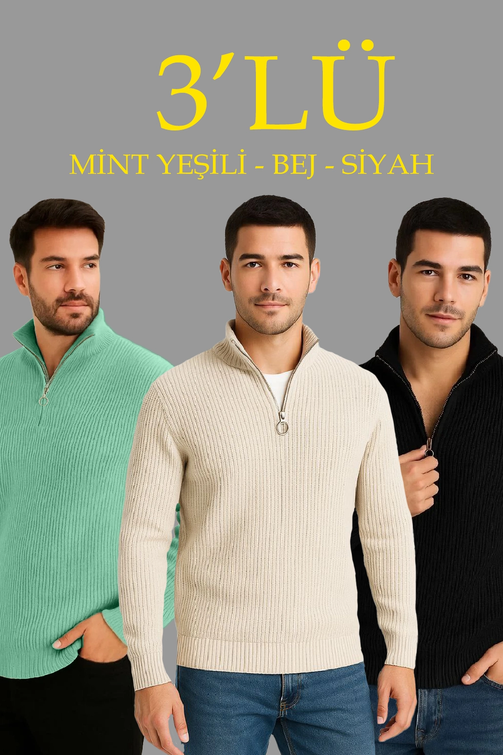 Fitilli Triko Kazak 3 lü Set - Mint Yeşili, Siyah, Bej