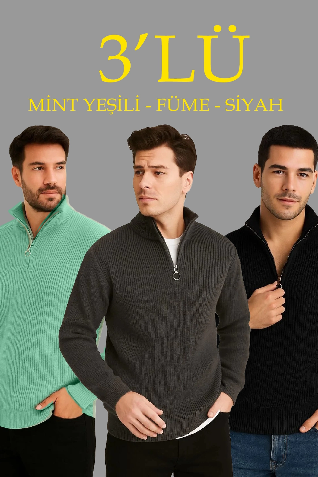 Fitilli Triko Kazak 3’lü Set – Mint Yeşili, Siyah, Füme Kalın Dokuma Pamuklu Regular Fit V Yaka Fermuarlı Uzun Kollu Rahat Kışlık Kazak Kombini