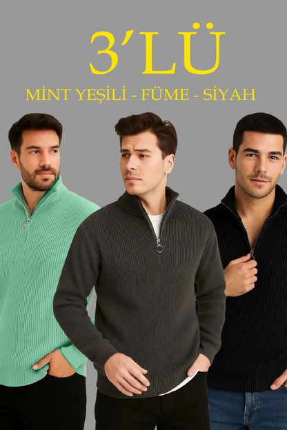 Fitilli Triko Kazak 3’lü Set – Mint Yeşili, Siyah, Füme Kalın Dokuma Pamuklu Regular Fit V Yaka Fermuarlı Uzun Kollu Rahat Kışlık Kazak Kombini