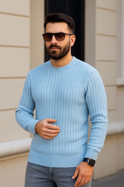 Fitilli Triko Kazak 4 lü Set - Beyaz, Bebek Mavisi, Gri, Siyah | Kalın Dokuma Pamuklu Regular Fit Bisiklet Yaka Uzun Kollu Kışlık ve Baharlık Rahat Triko Kombini